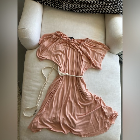 XS - ATM Pink Modal Midi Length Tie Waist Dress - Off the shoulder - Picture 4 of 4